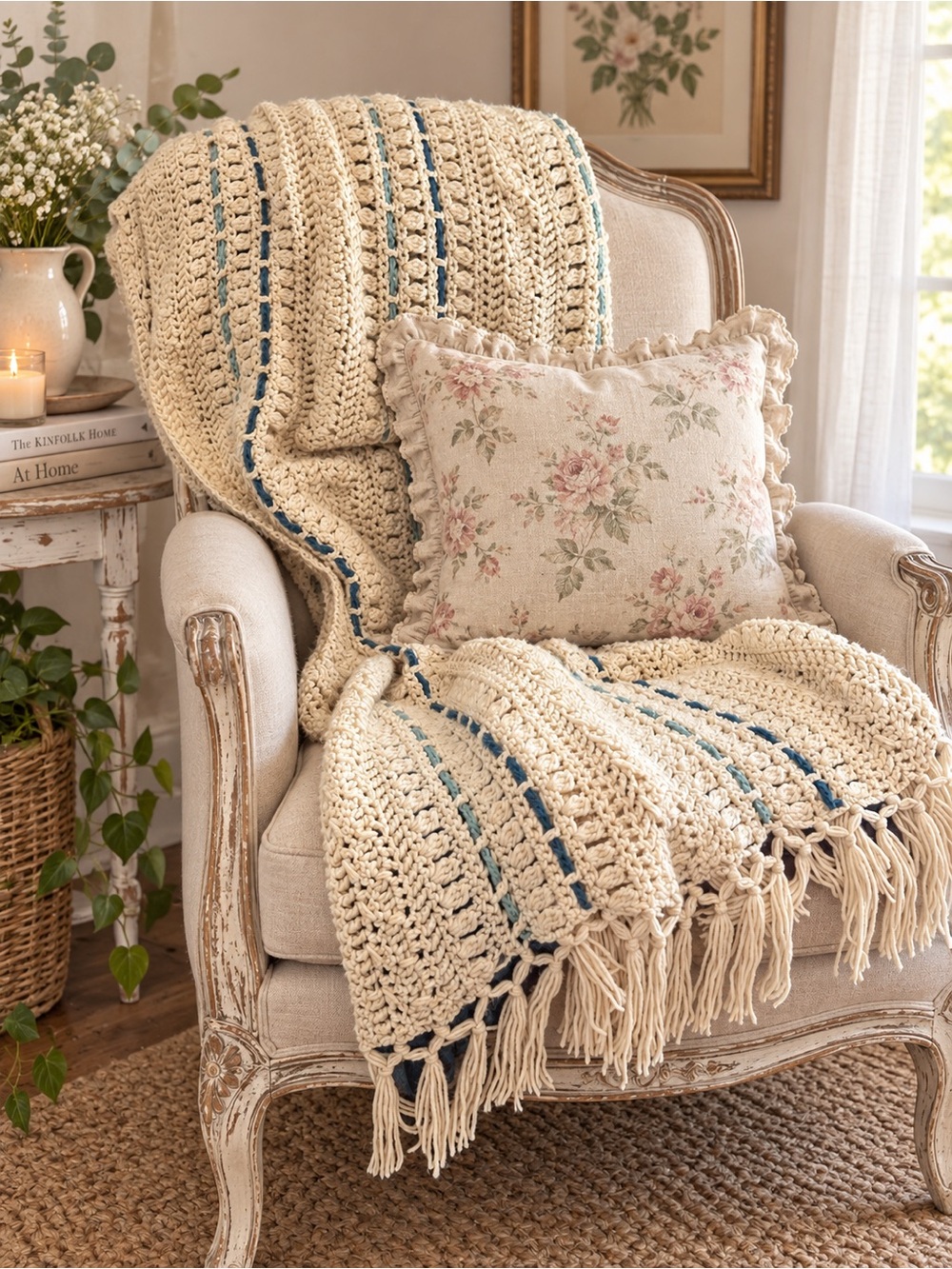 Hand Crocheted Throw Blanket 5x7 Cream Blue Teal Tassel Cottagecore Boho